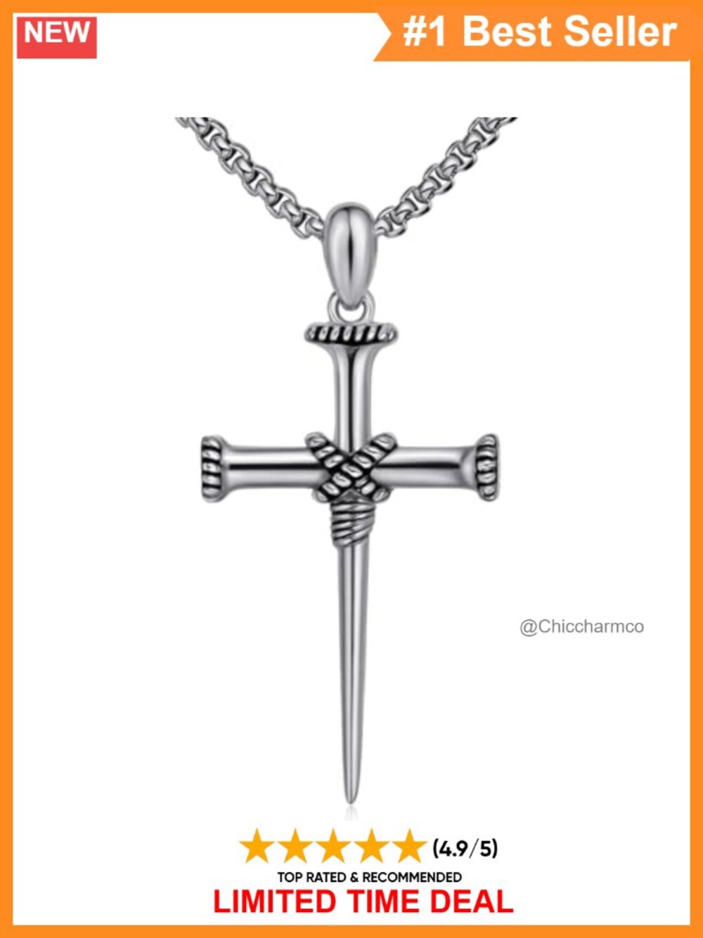 Men's Stainless Steel 3 Nail Cross Necklace 22" Chain Gift Box
